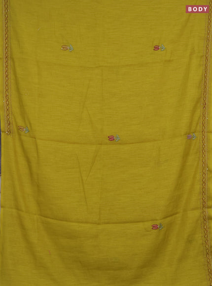 Khadi linen cotton saree lime green with embroidery buttas and kantha stitch work pallu & border