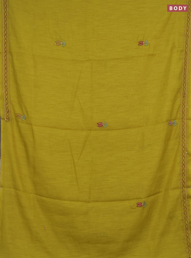 Khadi linen cotton saree lime green with embroidery buttas and kantha stitch work pallu & border