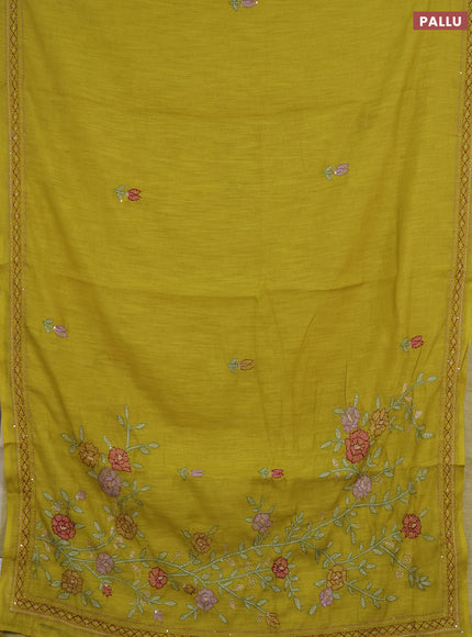 Khadi linen cotton saree lime green with embroidery buttas and kantha stitch work pallu & border