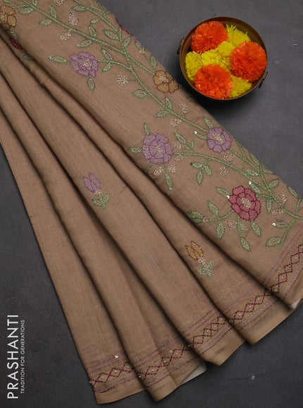 Khadi linen cotton saree dark beige with embroidery buttas and kantha stitch work pallu & border