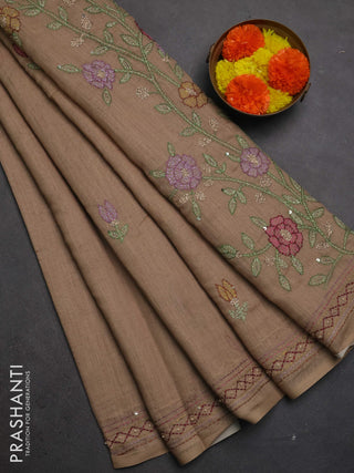 Khadi linen cotton saree dark beige with embroidery buttas and kantha stitch work pallu & border