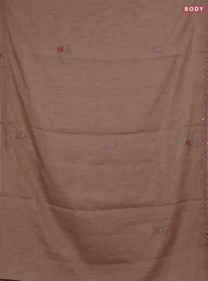 Khadi linen cotton saree dark beige with embroidery buttas and kantha stitch work pallu & border