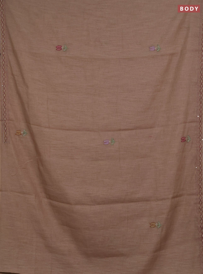 Khadi linen cotton saree dark beige with embroidery buttas and kantha stitch work pallu & border