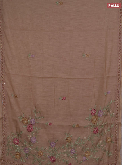 Khadi linen cotton saree dark beige with embroidery buttas and kantha stitch work pallu & border