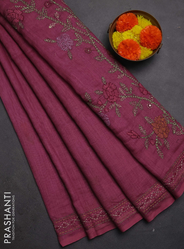 Khadi linen cotton saree wine shade with embroidery buttas and kantha stitch work pallu & border