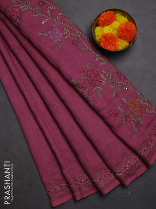 Khadi linen cotton saree wine shade with embroidery buttas and kantha stitch work pallu & border
