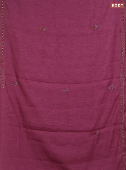 Khadi linen cotton saree wine shade with embroidery buttas and kantha stitch work pallu & border