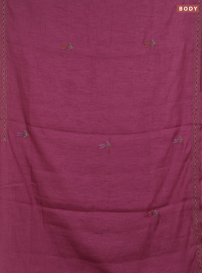 Khadi linen cotton saree wine shade with embroidery buttas and kantha stitch work pallu & border