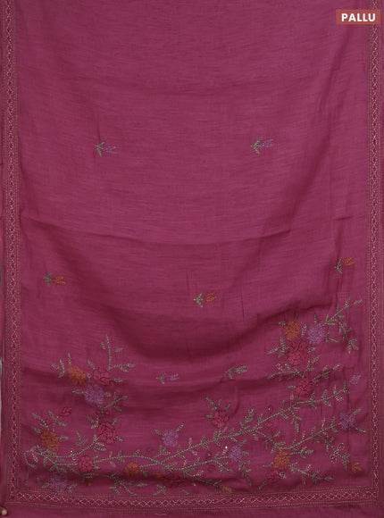 Khadi linen cotton saree wine shade with embroidery buttas and kantha stitch work pallu & border