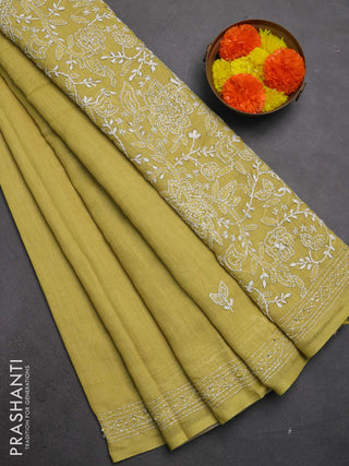 Khadi linen cotton saree lime yellow with embroidery buttas and kantha stitch work pallu & border