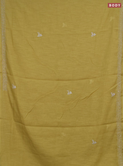 Khadi linen cotton saree lime yellow with embroidery buttas and kantha stitch work pallu & border