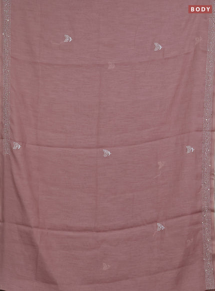 Khadi linen cotton saree pastel pink shade with embroidery buttas and kantha stitch work pallu & border