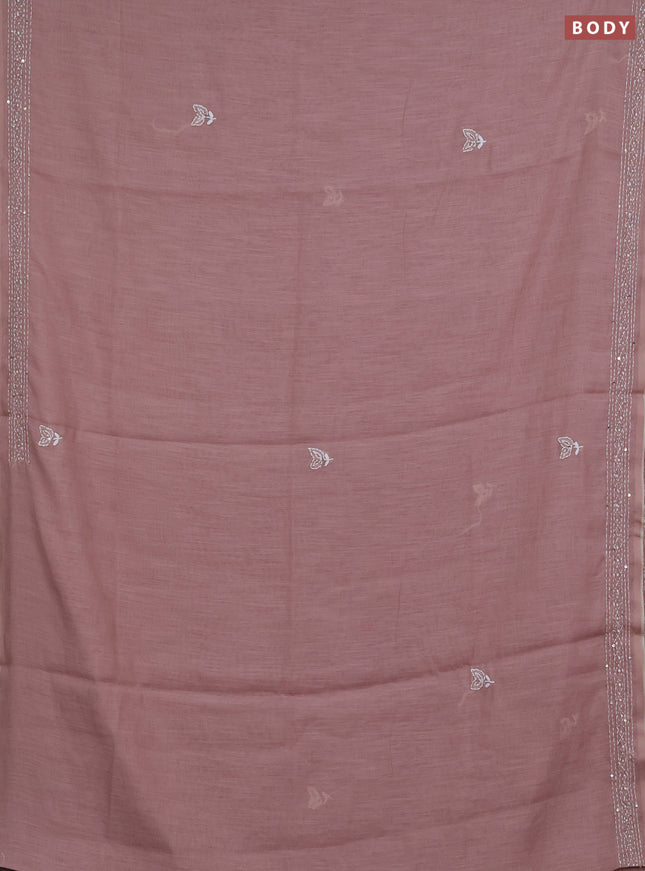 Khadi linen cotton saree pastel pink shade with embroidery buttas and kantha stitch work pallu & border