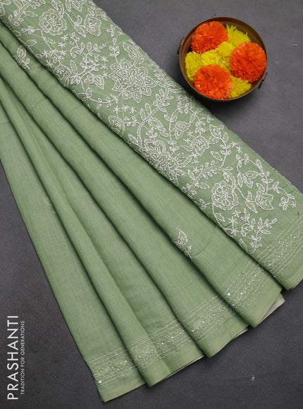 Khadi linen cotton saree green with embroidery buttas and kantha stitch work pallu & border