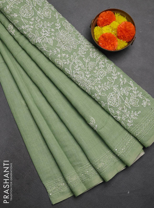 Khadi linen cotton saree green with embroidery buttas and kantha stitch work pallu & border