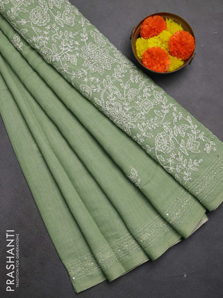 Khadi linen cotton saree green with embroidery buttas and kantha stitch work pallu & border