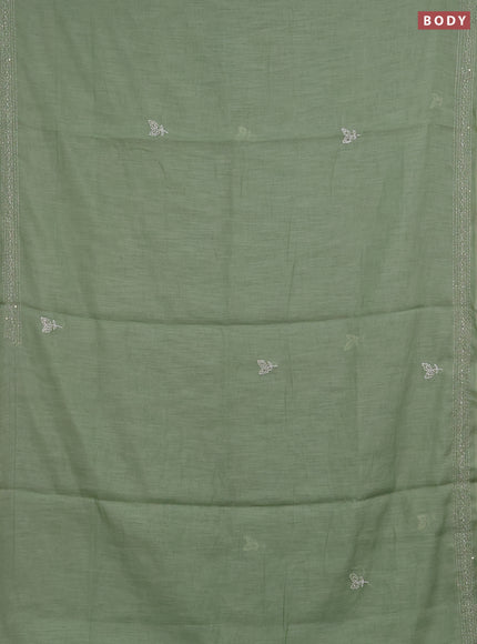 Khadi linen cotton saree green with embroidery buttas and kantha stitch work pallu & border