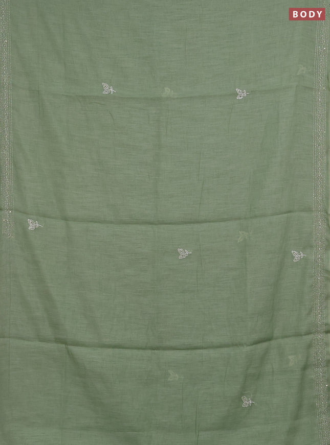 Khadi linen cotton saree green with embroidery buttas and kantha stitch work pallu & border
