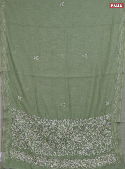 Khadi linen cotton saree green with embroidery buttas and kantha stitch work pallu & border