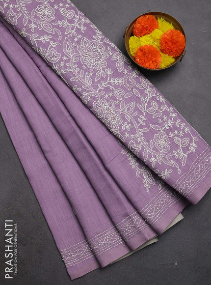 Khadi linen cotton saree lavender with embroidery buttas and kantha stitch work pallu & border