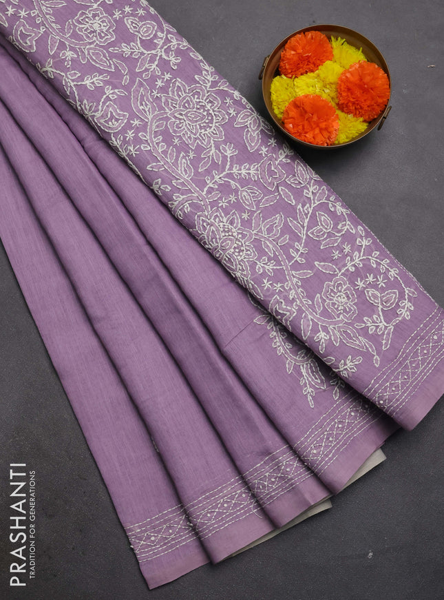 Khadi linen cotton saree lavender with embroidery buttas and kantha stitch work pallu & border
