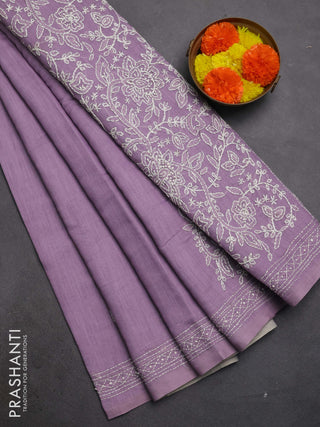 Khadi linen cotton saree lavender with embroidery buttas and kantha stitch work pallu & border