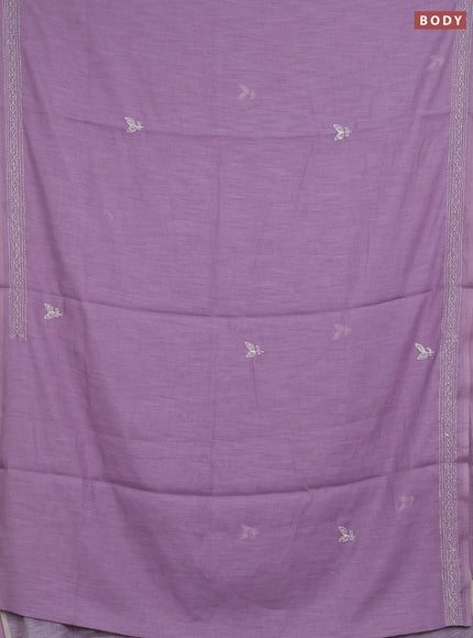 Khadi linen cotton saree lavender with embroidery buttas and kantha stitch work pallu & border