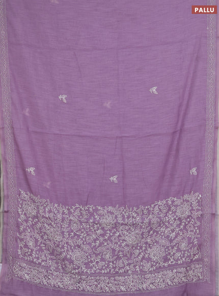 Khadi linen cotton saree lavender with embroidery buttas and kantha stitch work pallu & border