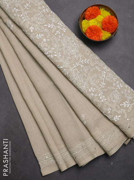 Khadi linen cotton saree beige with embroidery buttas and kantha stitch work pallu & border
