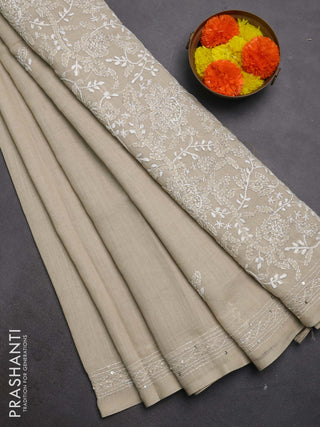 Khadi linen cotton saree beige with embroidery buttas and kantha stitch work pallu & border
