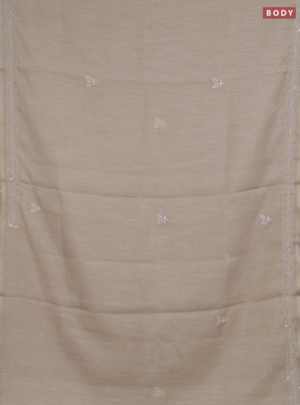 Khadi linen cotton saree beige with embroidery buttas and kantha stitch work pallu & border