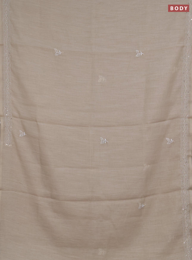Khadi linen cotton saree beige with embroidery buttas and kantha stitch work pallu & border
