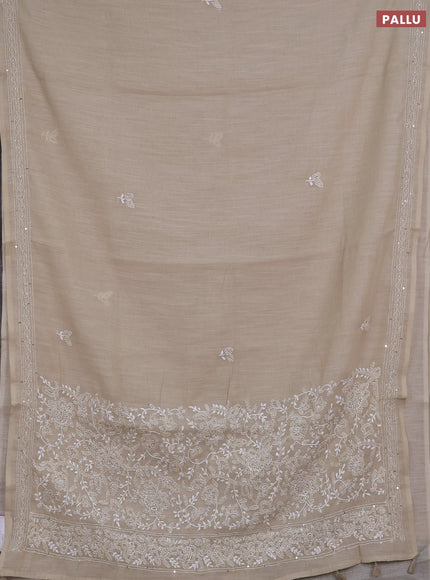 Khadi linen cotton saree beige with embroidery buttas and kantha stitch work pallu & border