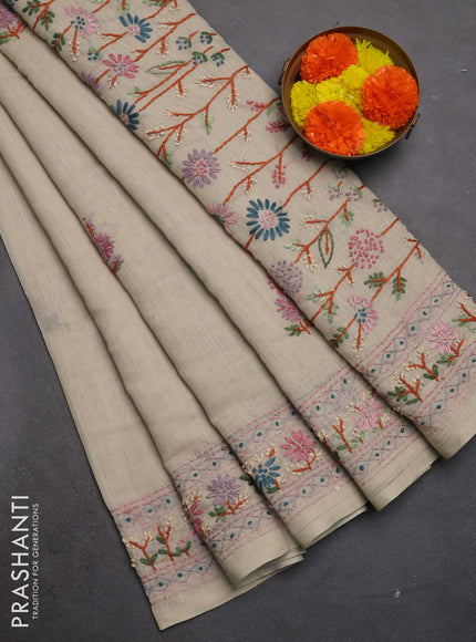 Khadi linen cotton saree beige with floral embroidery buttas and kantha stitch work pallu & border