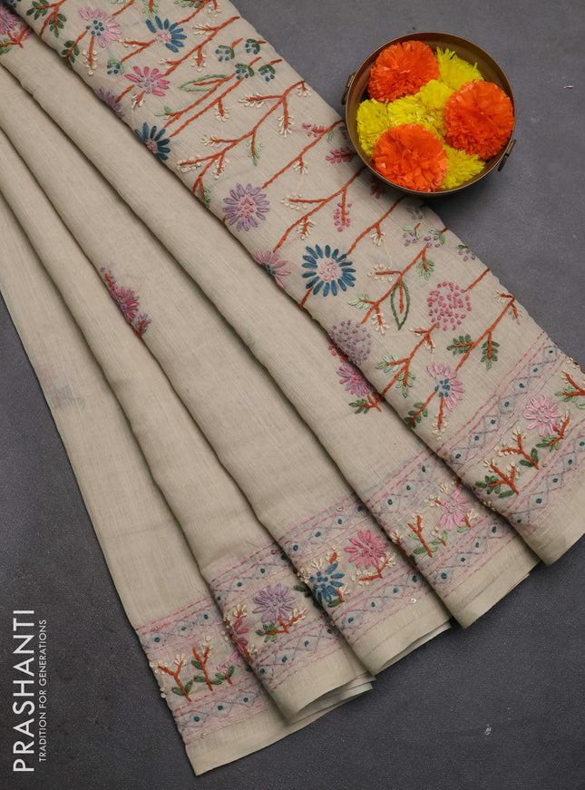 Khadi linen cotton saree beige with floral embroidery buttas and kantha stitch work pallu & border
