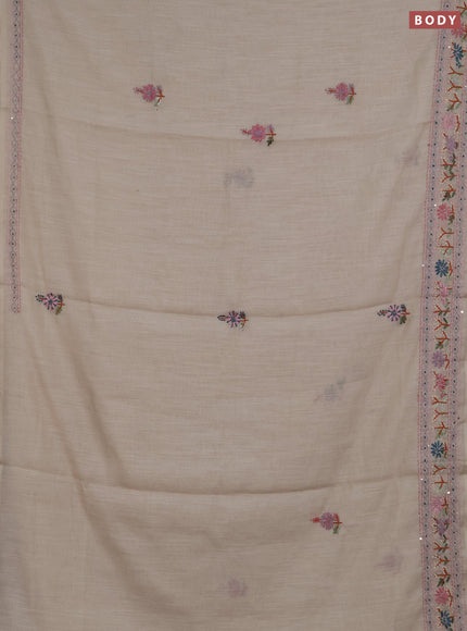Khadi linen cotton saree beige with floral embroidery buttas and kantha stitch work pallu & border