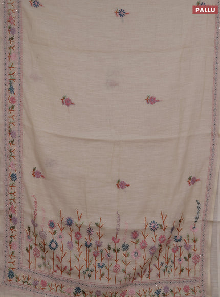 Khadi linen cotton saree beige with floral embroidery buttas and kantha stitch work pallu & border