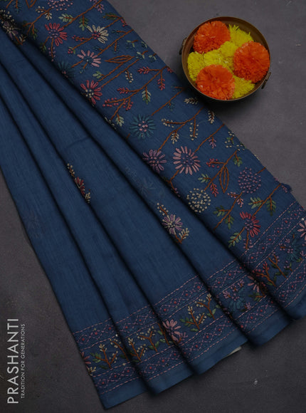 Khadi linen cotton saree blue with floral embroidery buttas and kantha stitch work pallu & border