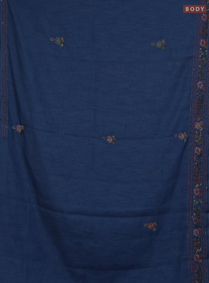 Khadi linen cotton saree blue with floral embroidery buttas and kantha stitch work pallu & border
