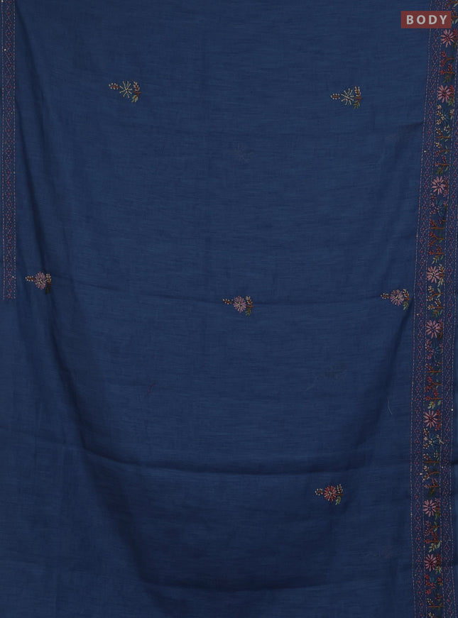 Khadi linen cotton saree blue with floral embroidery buttas and kantha stitch work pallu & border