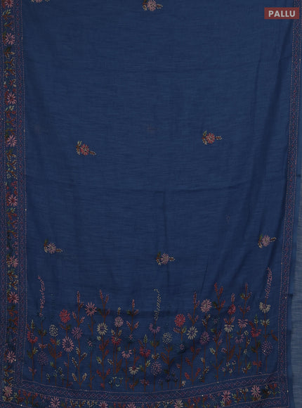 Khadi linen cotton saree blue with floral embroidery buttas and kantha stitch work pallu & border