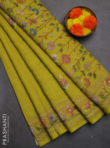 Khadi linen cotton saree lime green with floral embroidery buttas and kantha stitch work pallu & border