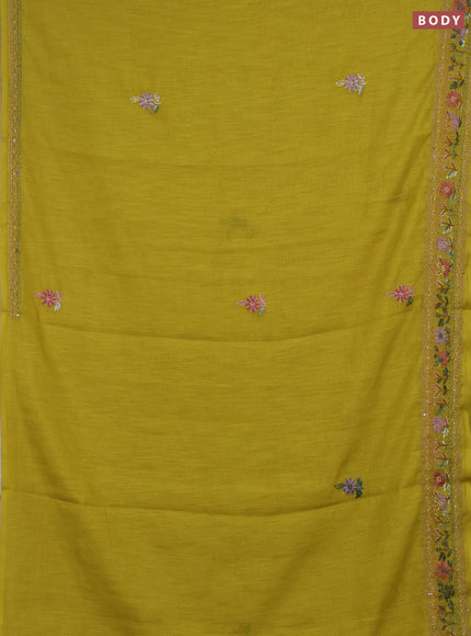 Khadi linen cotton saree lime green with floral embroidery buttas and kantha stitch work pallu & border