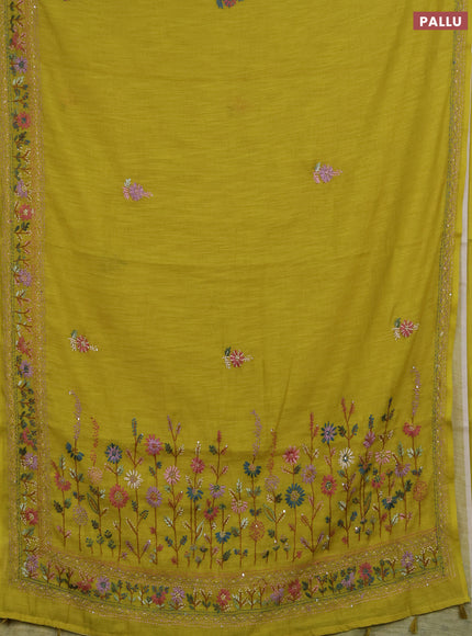 Khadi linen cotton saree lime green with floral embroidery buttas and kantha stitch work pallu & border