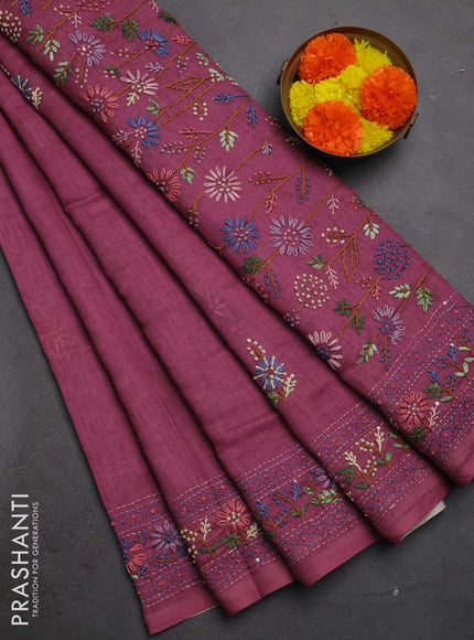Khadi linen cotton saree wine shade with floral embroidery buttas and kantha stitch work pallu & border