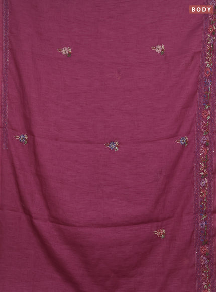 Khadi linen cotton saree wine shade with floral embroidery buttas and kantha stitch work pallu & border