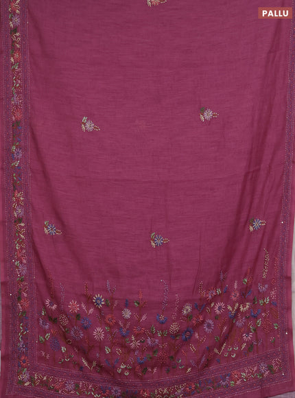 Khadi linen cotton saree wine shade with floral embroidery buttas and kantha stitch work pallu & border