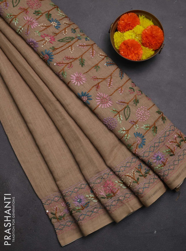 Khadi linen cotton saree dark beige with floral embroidery buttas and kantha stitch work pallu & border