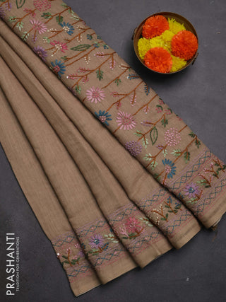 Khadi linen cotton saree dark beige with floral embroidery buttas and kantha stitch work pallu & border
