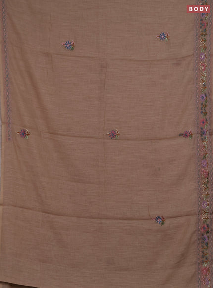 Khadi linen cotton saree dark beige with floral embroidery buttas and kantha stitch work pallu & border
